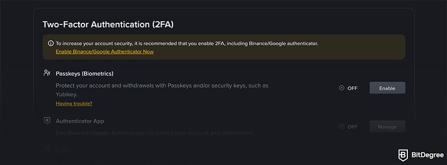 Binance Review: Binance 2FA settings with passkey and uthenticator options. Binance Review: Binance 2FA settings with passkey and uthenticator options.