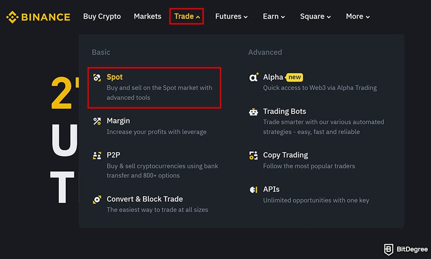 Binance Review: In the Trade menu, selecting the Spot tab. Binance Review: In the Trade menu, selecting the Spot tab.