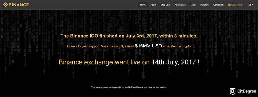 Binance Review: the Binance ICO page from 2017. Binance Review: the Binance ICO page from 2017.