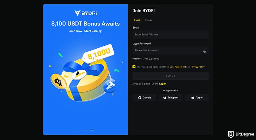 BYDFi review: enter email and password. BYDFi review: enter email and password.