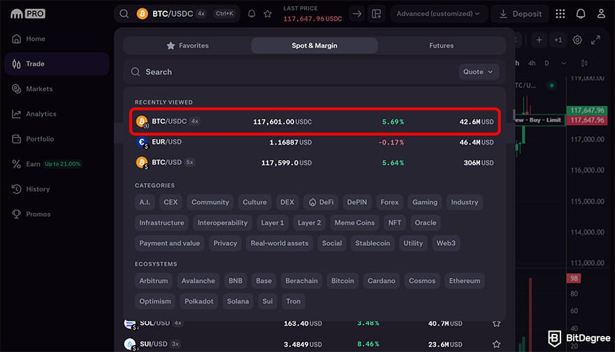 Kraken review: pick the trading pair.
