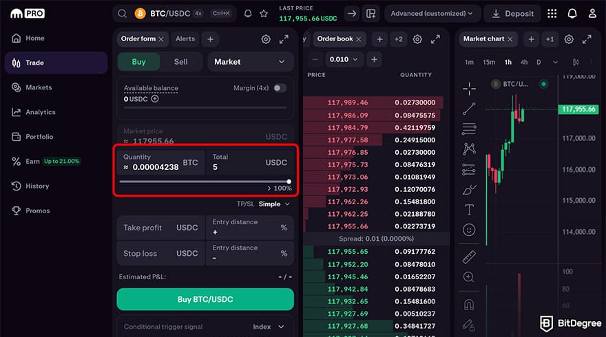 Kraken review: choose trading amount.