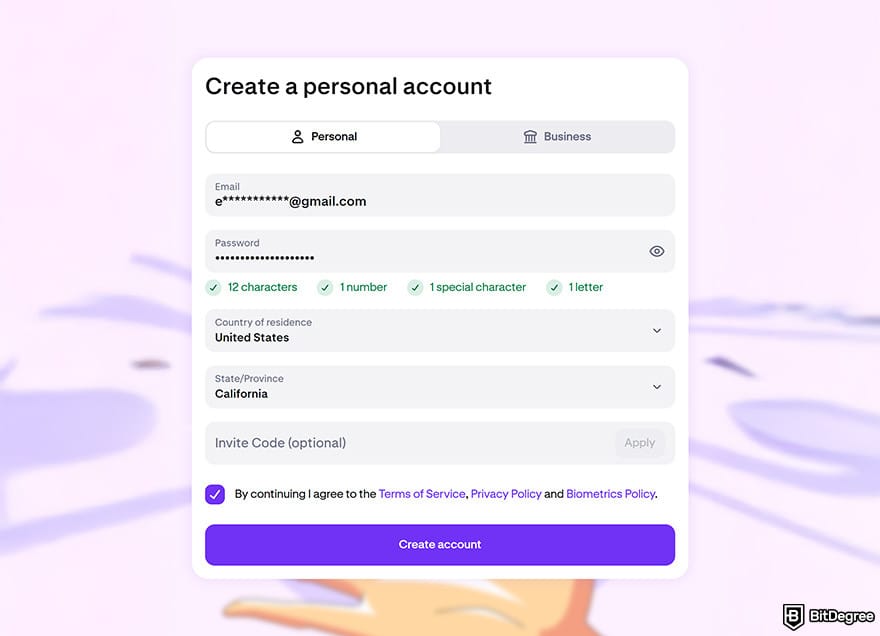 Kraken review: create a personal account.