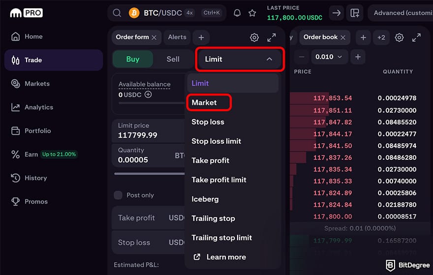 Kraken review: choose the type of order.