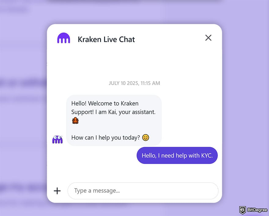 Kraken Review: Kraken live chat with virtual assistant.