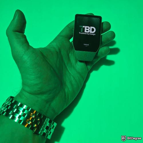 Trezor Safe 7 review: how the Safe 7 wallet looks on a palm. Trezor Safe 7 review: how the Safe 7 wallet looks on a palm.