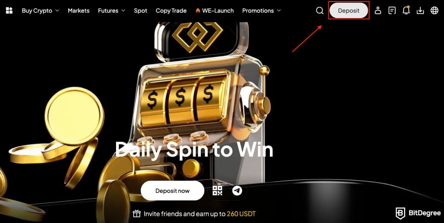 WEEX review: the [Deposit] button.