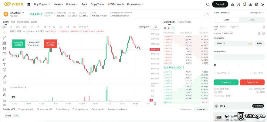 WEEX review: futures trading interface in light mode. WEEX review: futures trading interface in light mode.