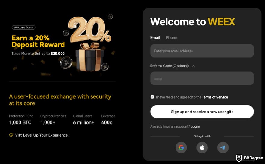 WEEX review: WEEX's registration page. WEEX review: WEEX's registration page.
