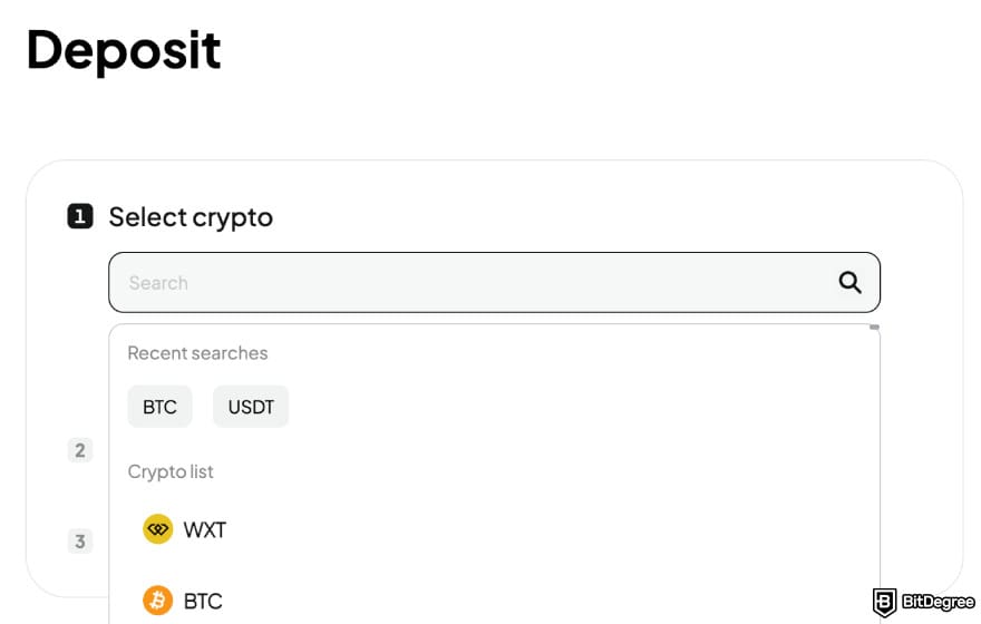 WEEX review: select a crypto to deposit. WEEX review: select a crypto to deposit.