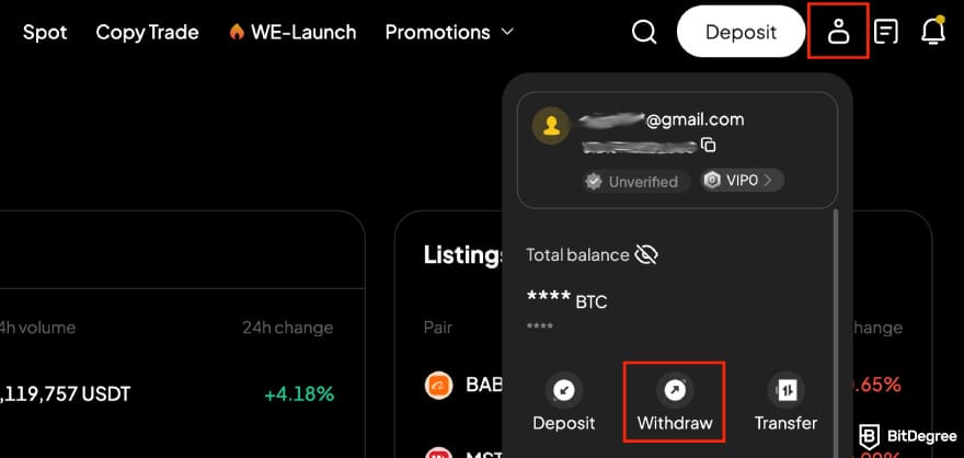 WEEX review: the [Withdraw] button.